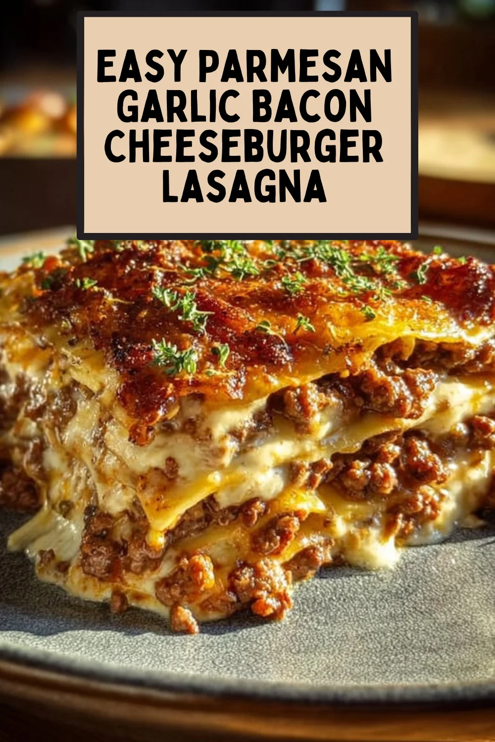 Easy Parmesan Garlic Bacon Cheeseburger Lasagna with layers of flavor and cheesy goodness.