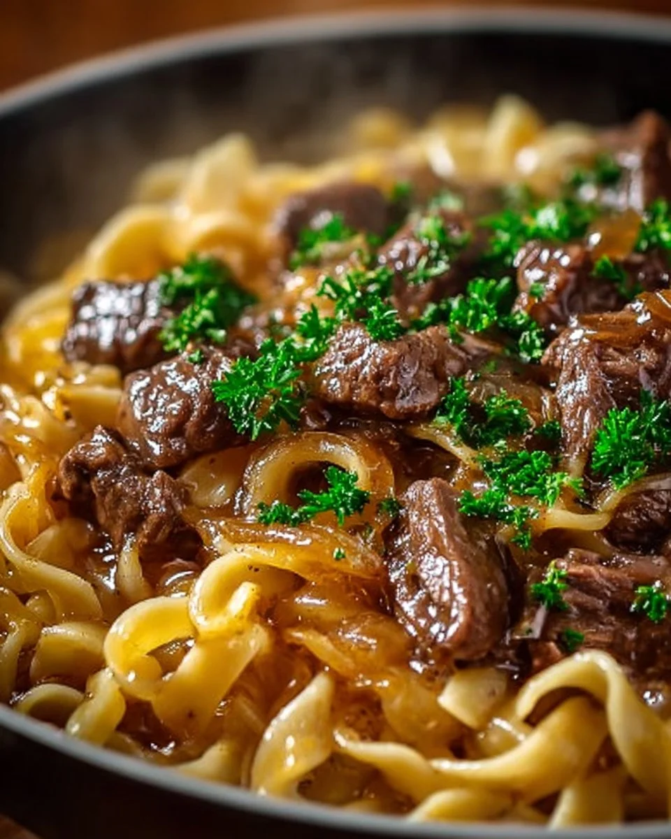 Delicious French onion beef and noodles served in a bowl