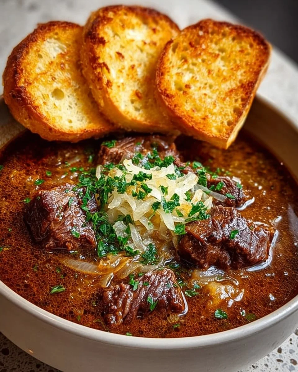Bowl of French Onion Beef Short Rib Soup topped with melted cheese and herbs