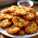 A plate of crispy fried pickles served with a dipping sauce