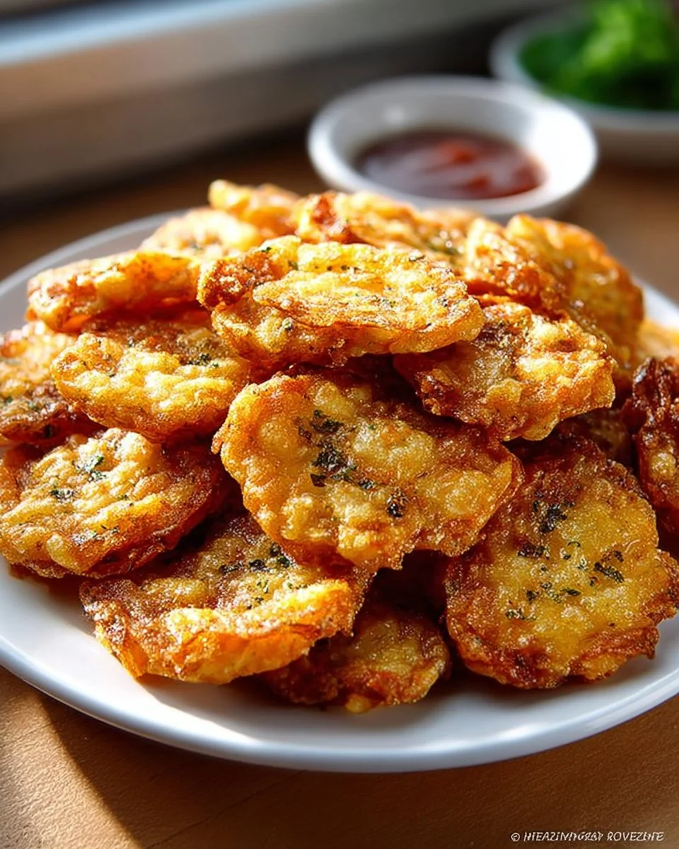 A plate of crispy fried pickles served with a dipping sauce