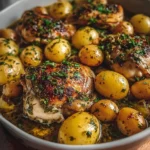 Garlic Herb Roasted Chicken served with Baby Potatoes.