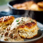 Grandma's classic biscuits and sausage gravy served on a plate