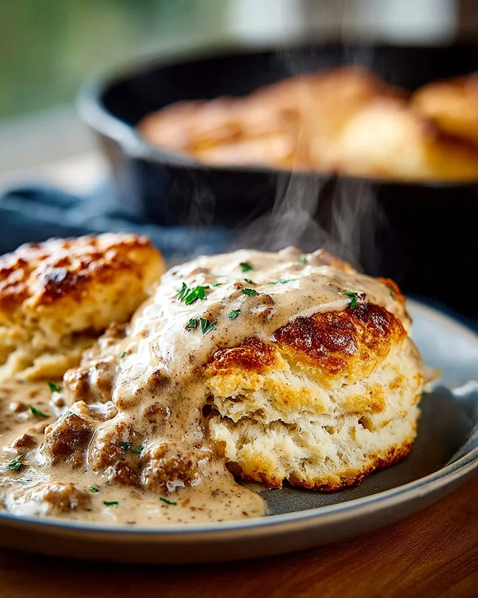 Grandma's classic biscuits and sausage gravy served on a plate