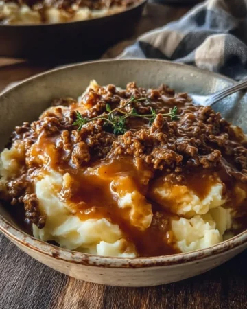 Ground beef and gravy dish served over mashed potatoes