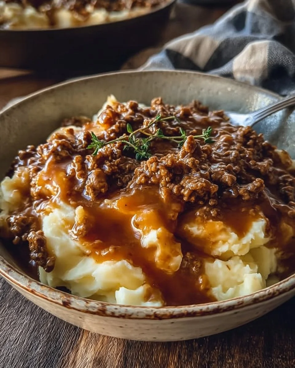 Ground beef and gravy dish served over mashed potatoes