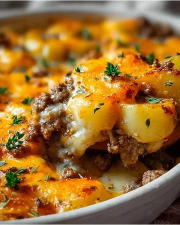 Savory ground beef casserole with potatoes topped with cheese and herbs.