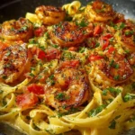 Delicious jerk shrimp fettuccine served in a bowl with herbs and spices.