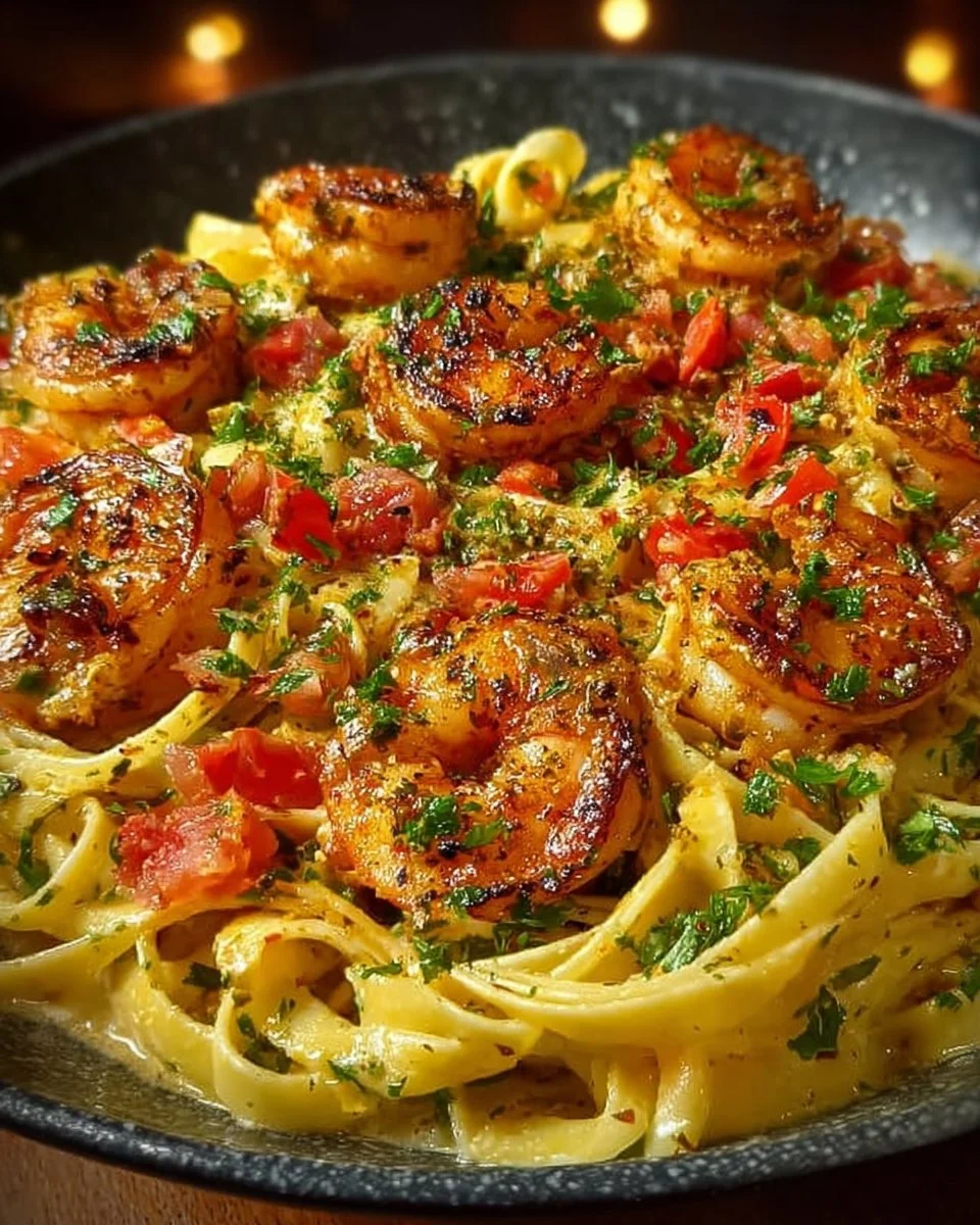 Delicious jerk shrimp fettuccine served in a bowl with herbs and spices.