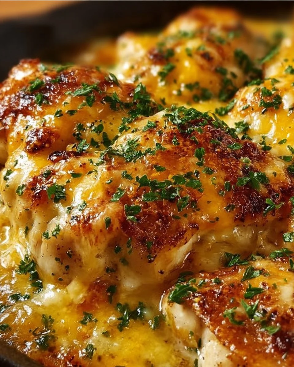 Juicy Cheddar Baked Chicken Delight served on a plate with fresh herbs