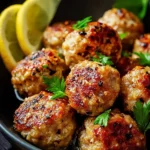 Lemon pepper chicken meatballs served with fresh herbs on a plate.
