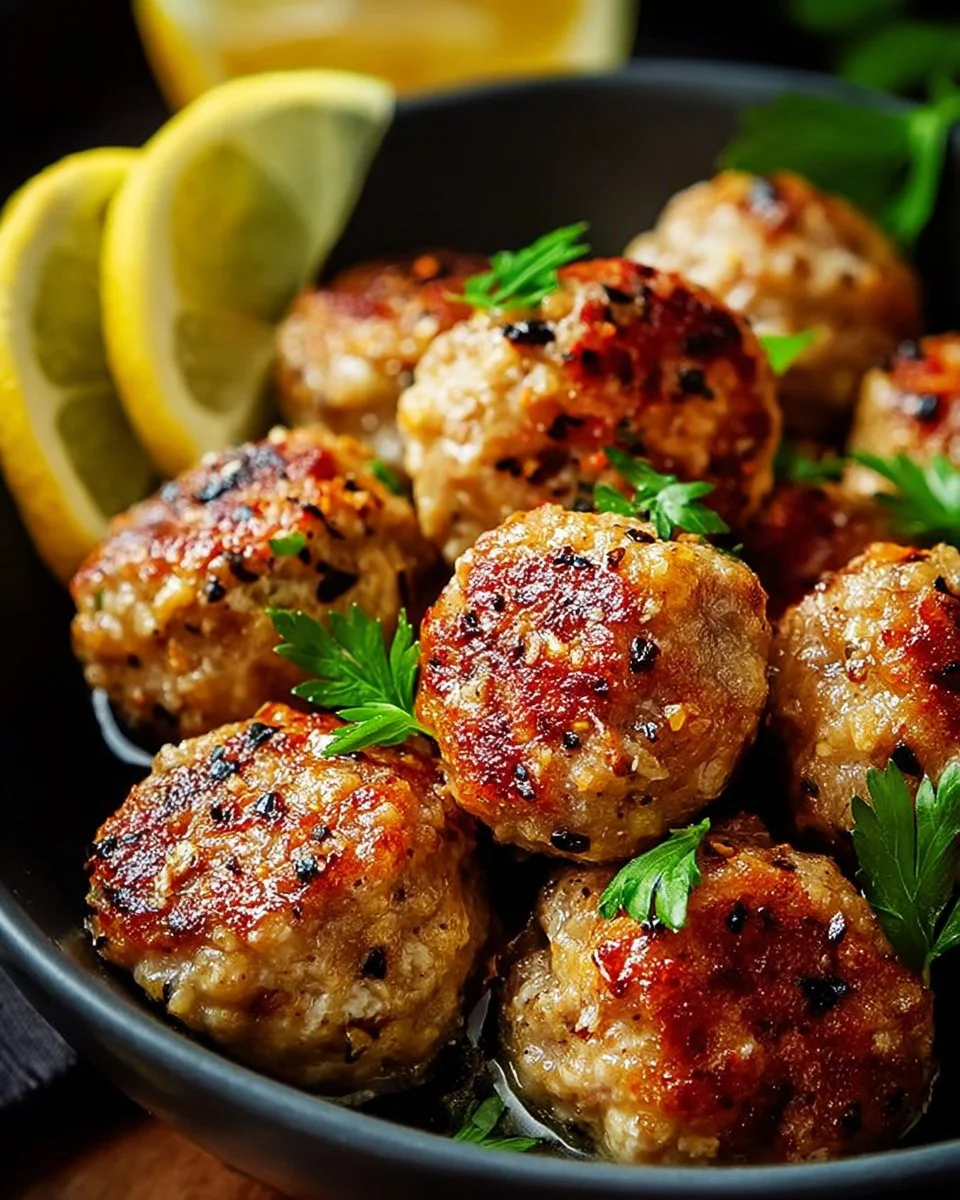 Lemon pepper chicken meatballs served with fresh herbs on a plate.