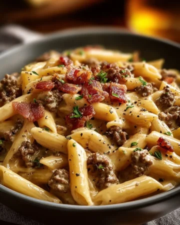 Delicious Loaded Bacon Cheeseburger Alfredo Pasta with cheese and bacon