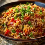 Delicious Louisiana Dirty Rice served in a bowl with fresh herbs and seasoning.