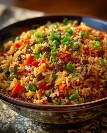 Delicious Louisiana Dirty Rice served in a bowl with fresh herbs and seasoning.