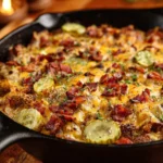 A low carb bacon cheeseburger casserole served in a dish, garnished with herbs.