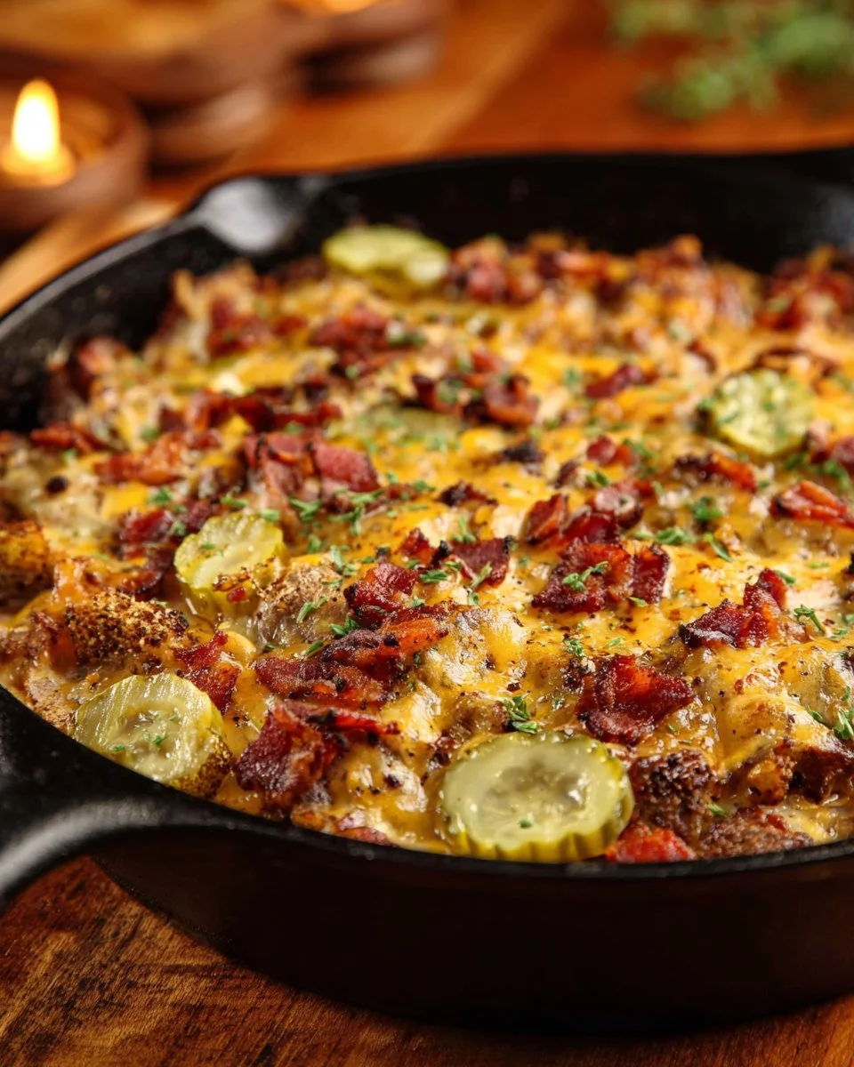 A low carb bacon cheeseburger casserole served in a dish, garnished with herbs.