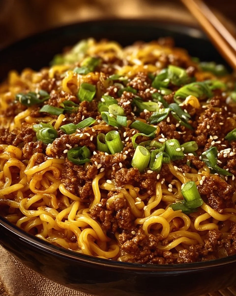 Delicious Mongolian ground beef noodles served in a bowl with vegetables.