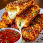 Crispy Nashville Hot Mozzarella Sticks served with spicy dipping sauce
