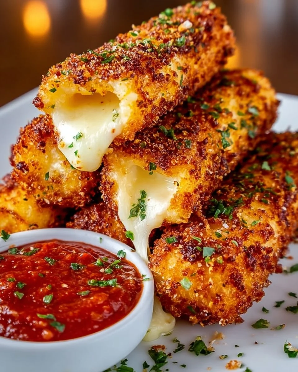 Crispy Nashville Hot Mozzarella Sticks served with spicy dipping sauce
