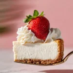 Delicious no-bake cheesecake topped with fresh berries and whipped cream.