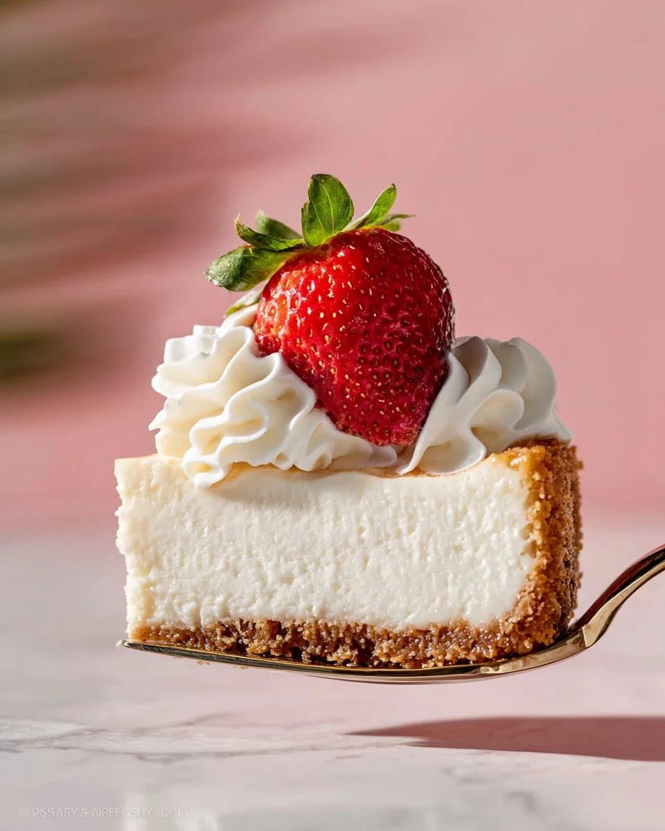 Delicious no-bake cheesecake topped with fresh berries and whipped cream.