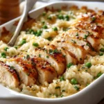 One-Pot Chicken and Rice Casserole served in a baking dish