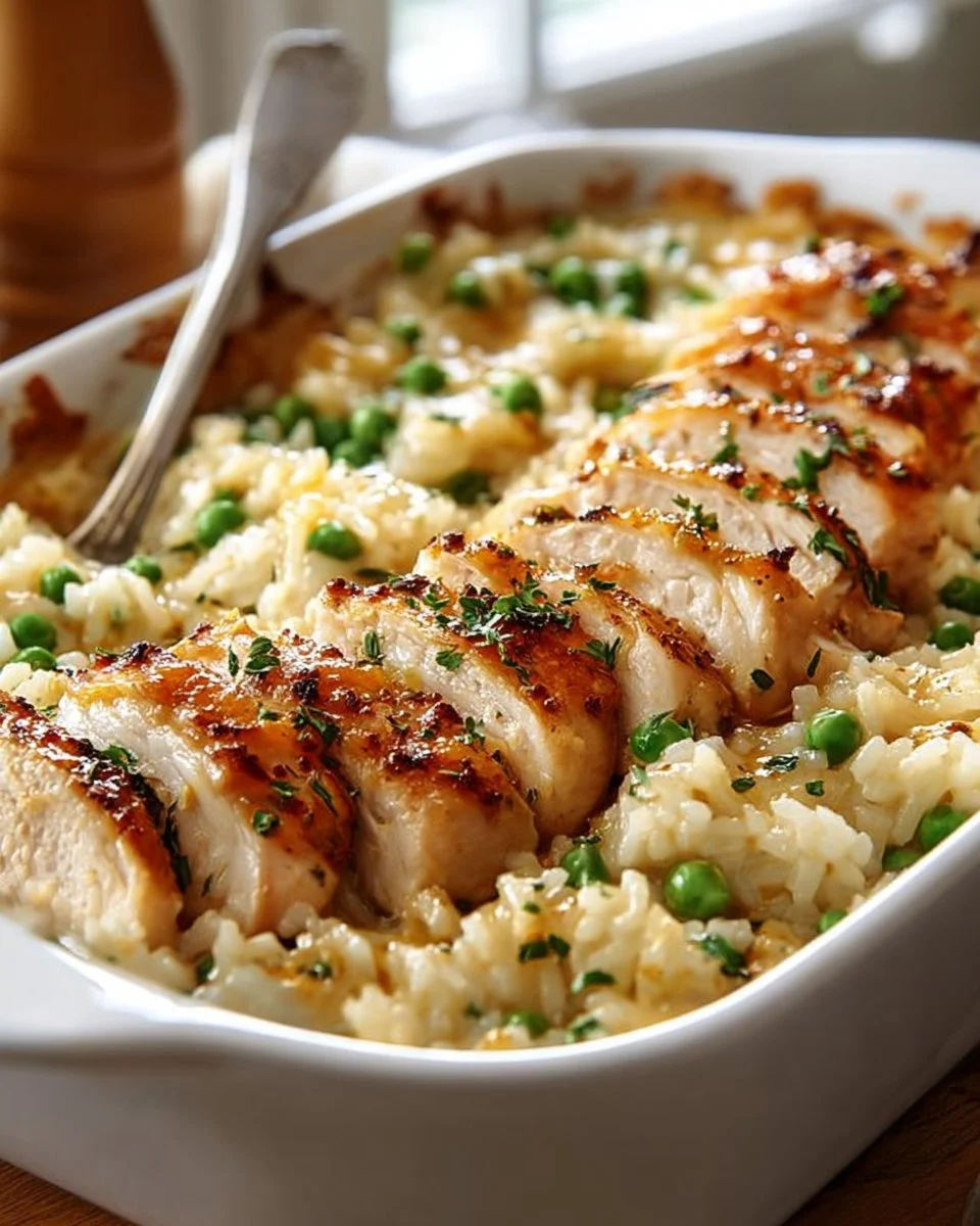 One-Pot Chicken and Rice Casserole served in a baking dish