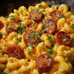 One-Skillet Smoky Cajun Sausage Cheese Mac with gooey cheese and spices