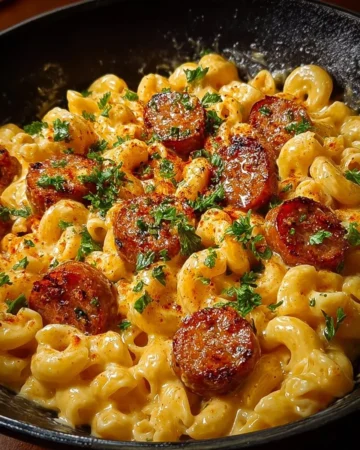 One-Skillet Smoky Cajun Sausage Cheese Mac with gooey cheese and spices
