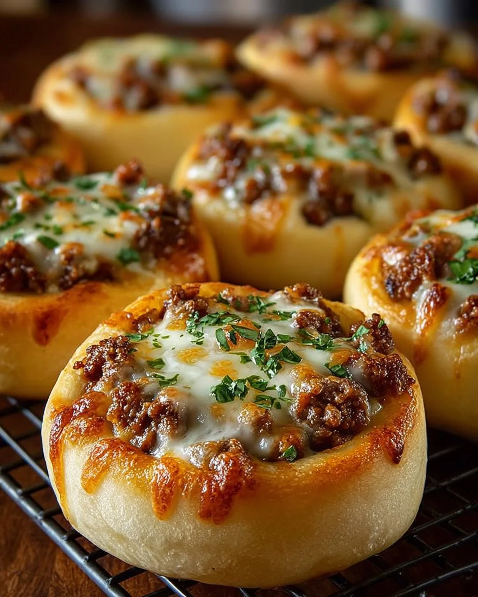 Delicious garlic butter beef pizza rolls on a plate, ready to be enjoyed.