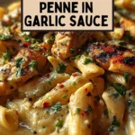 Parmesan Herb Chicken Penne with Garlic Sauce in a white bowl