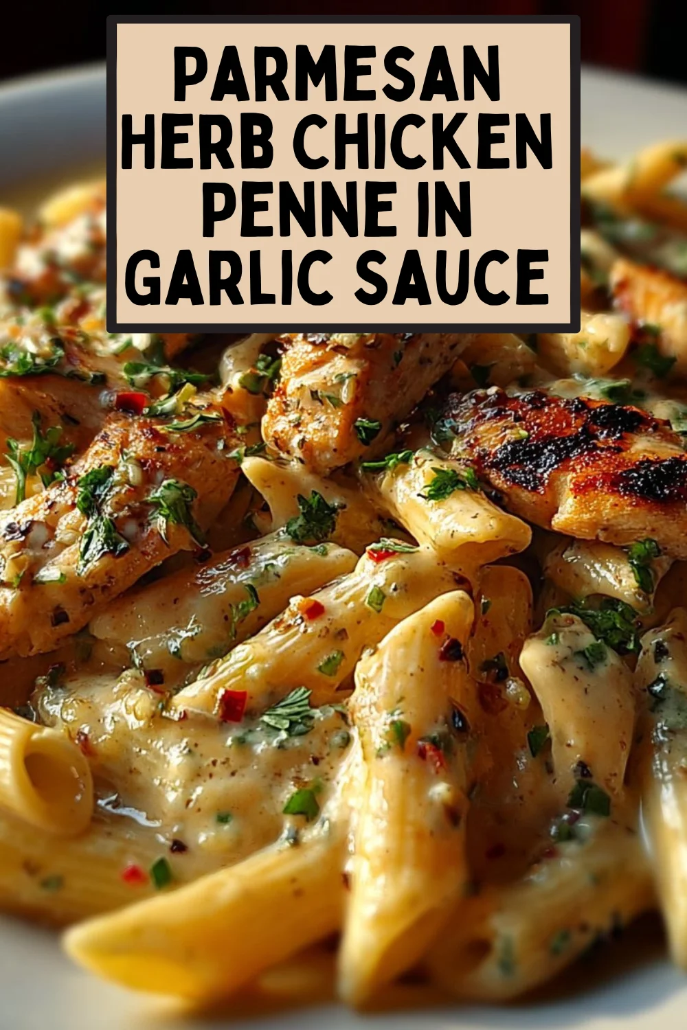 Parmesan Herb Chicken Penne with Garlic Sauce in a white bowl