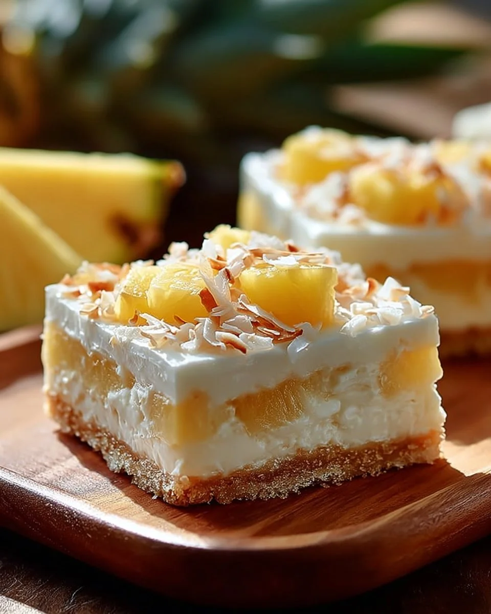 Delicious Pineapple Coconut Cheesecake Bars on a plate