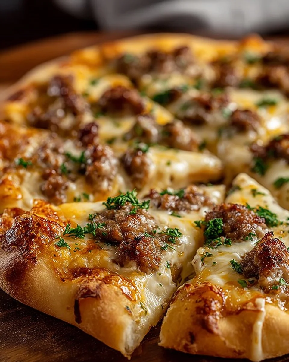 Pizza with sausage gravy and eggs served on a rustic wooden table
