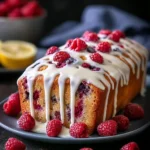 Raspberry Sauce Pound Cake drizzled with white chocolate on a serving plate