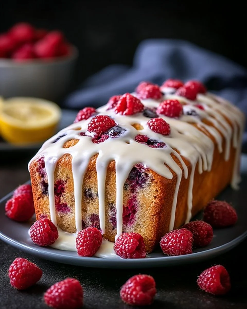 Raspberry Sauce Pound Cake drizzled with white chocolate on a serving plate