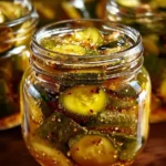 Jars of homemade refrigerator bread and butter pickles on a wooden table