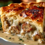 Slice of Sausage Gravy Biscuit Pie served on a plate with a fork.