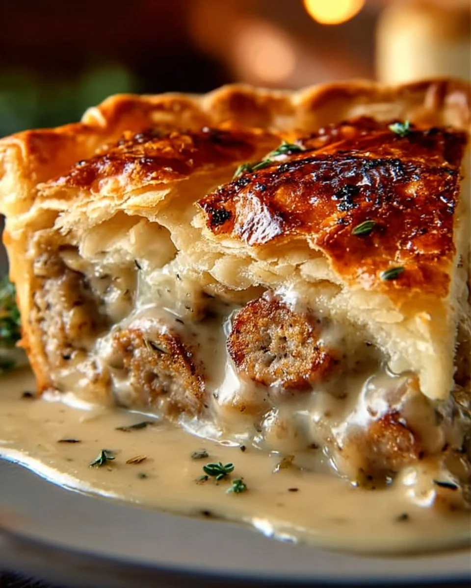 Slice of Sausage Gravy Biscuit Pie served on a plate with a fork.
