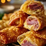 Savory Reuben egg rolls filled with corned beef, sauerkraut, and Swiss cheese.