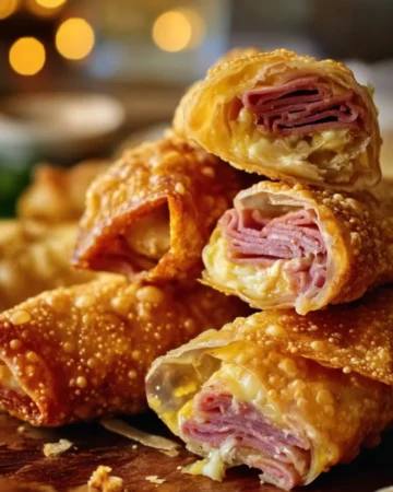 Savory Reuben egg rolls filled with corned beef, sauerkraut, and Swiss cheese.
