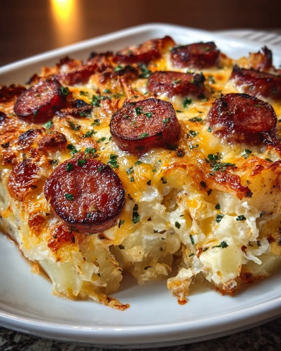 Smoked sausage and cheesy potato casserole in a baking dish