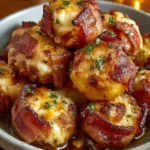 Smoky bacon-wrapped cheddar BBQ meatball bombs in a serving dish
