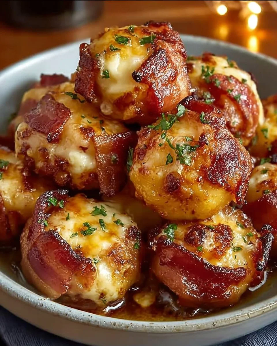 Smoky bacon-wrapped cheddar BBQ meatball bombs in a serving dish