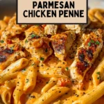 Plate of Southern Garlic Parmesan Chicken Penne with basil garnish