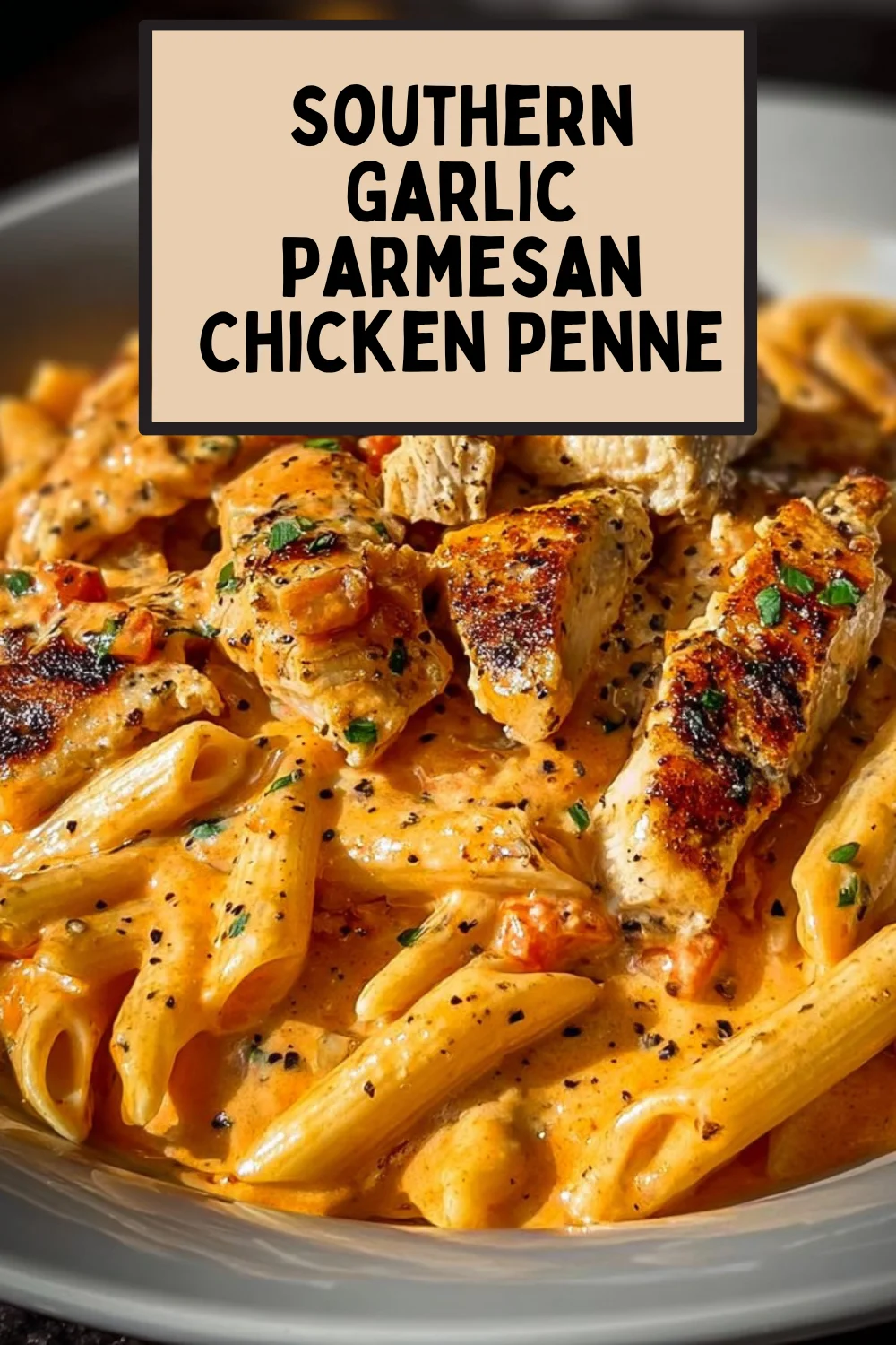 Plate of Southern Garlic Parmesan Chicken Penne with basil garnish