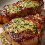 Delicious steak with ghostly bourbon garlic cream sauce served on a plate