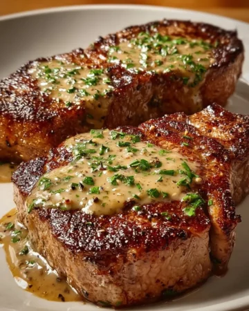 Delicious steak with ghostly bourbon garlic cream sauce served on a plate
