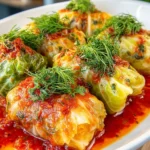 Plateful of stuffed cabbage rolls filled with rice and meat, garnished with sauce.